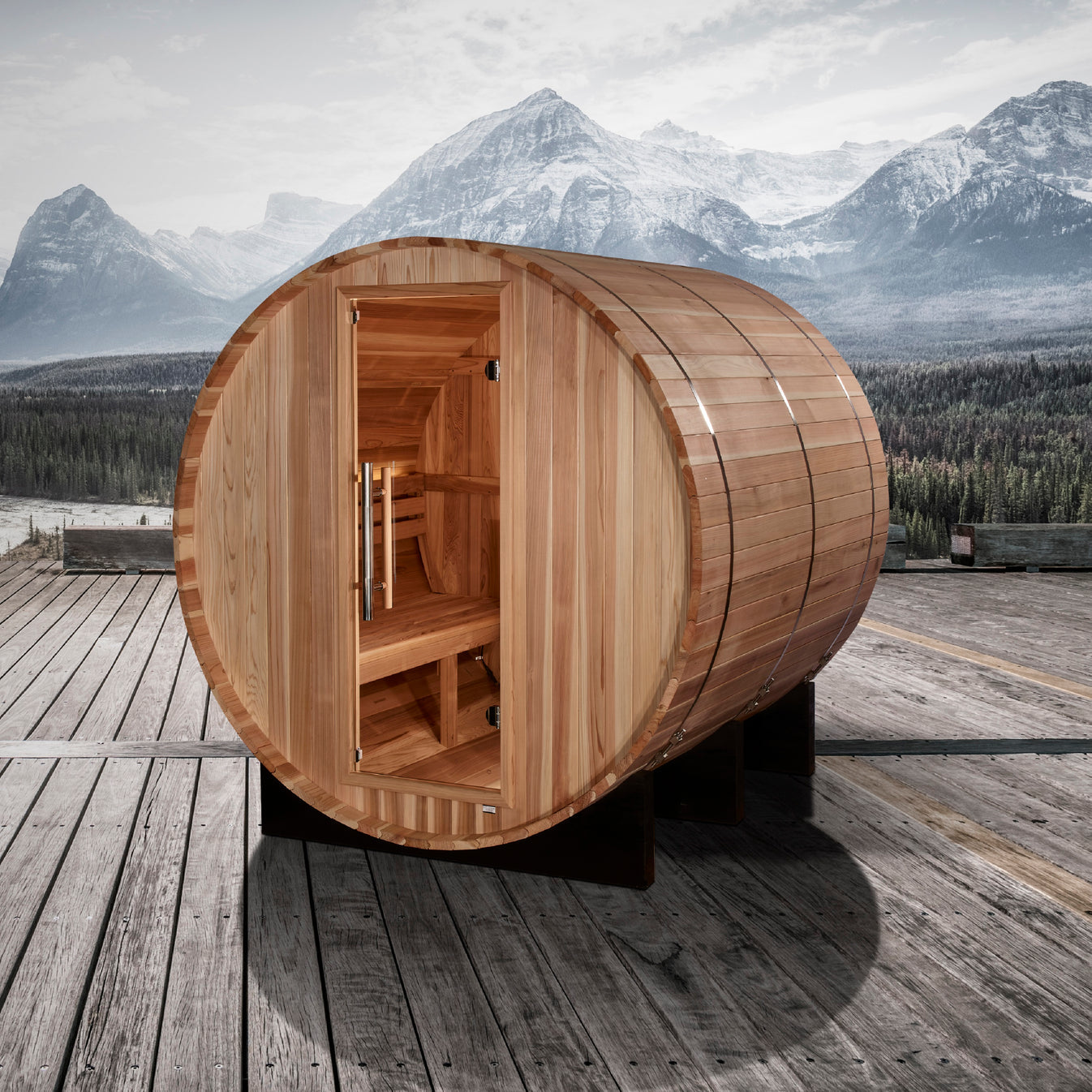 Arosa Cedar Outdoor Barrel Sauna (4-Person) with Harvia 6kW Heater