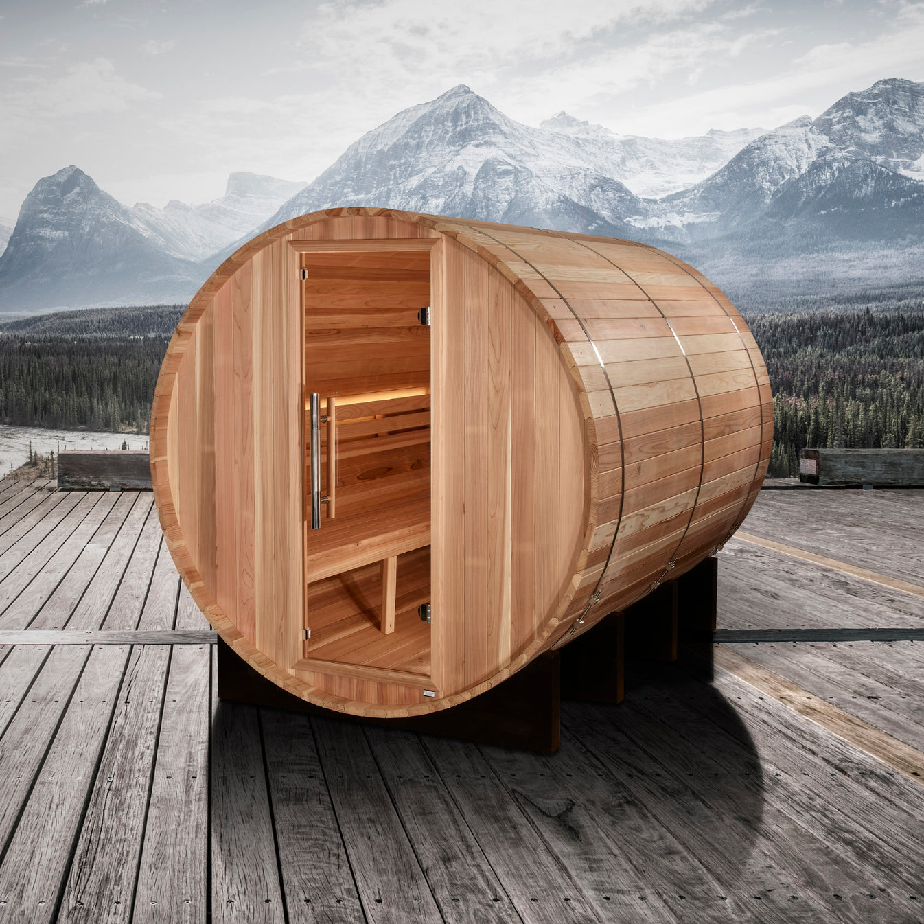 Klosters Cedar Outdoor Barrel Sauna (6-Person) with Harvia 8kW Heater