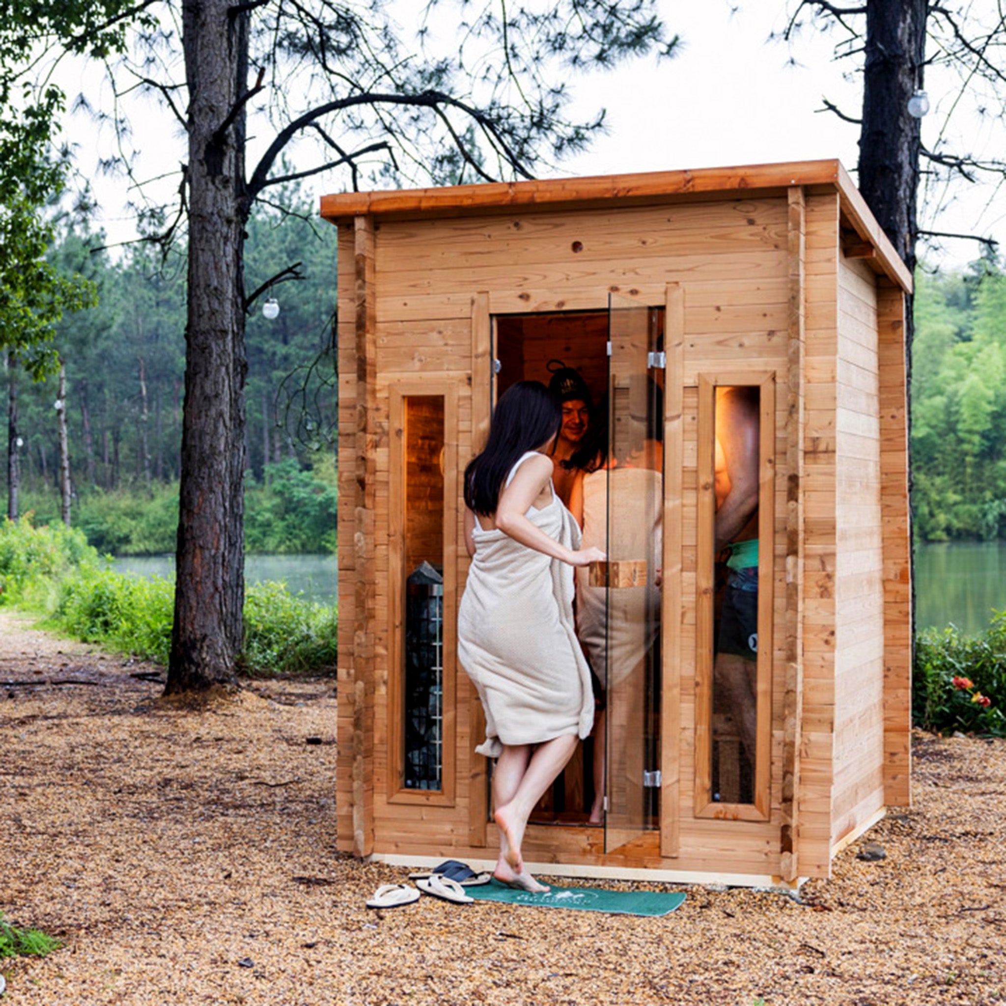 Cabin Canadian Thermowood Outdoor Sauna (4-Person) with Harvia Spirit WiFi 8kW Heater