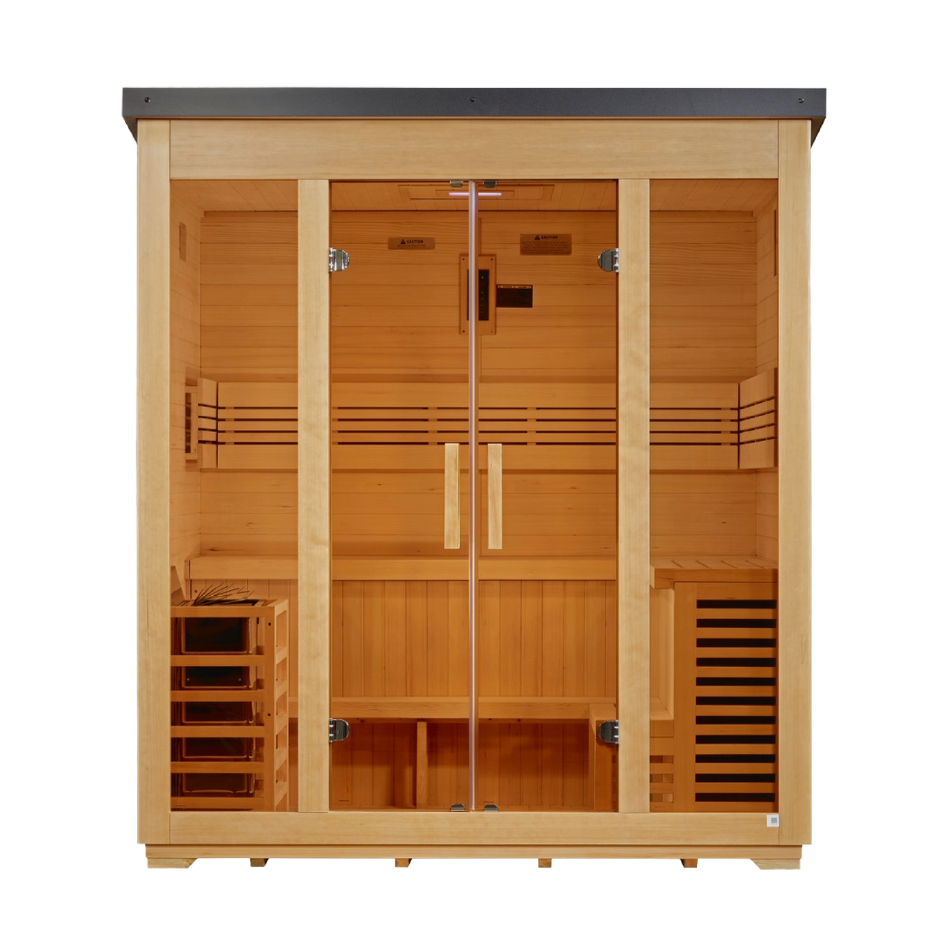 Vorarlberg Flat Roof Canadian Hemlock Outdoor Sauna (5-Person) with Harvia 8kW Heater
