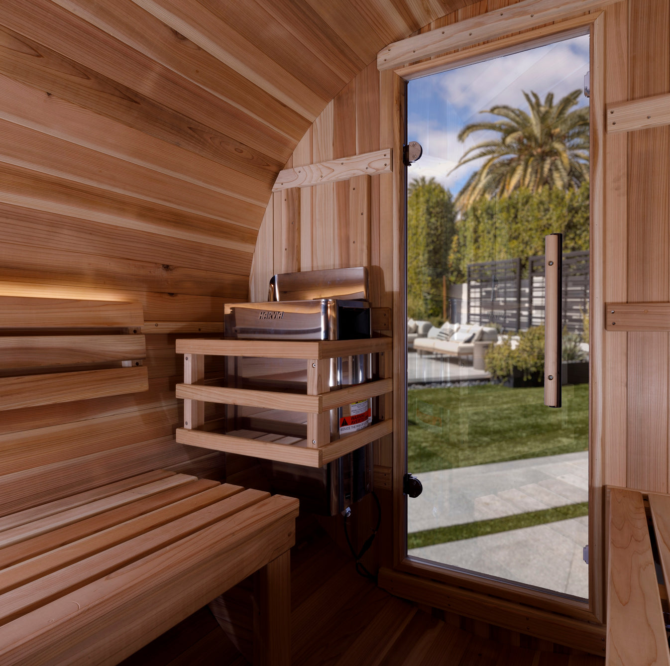 Zurich Cedar Outdoor Barrel Sauna (4-Person) with Harvia 6kW Heater