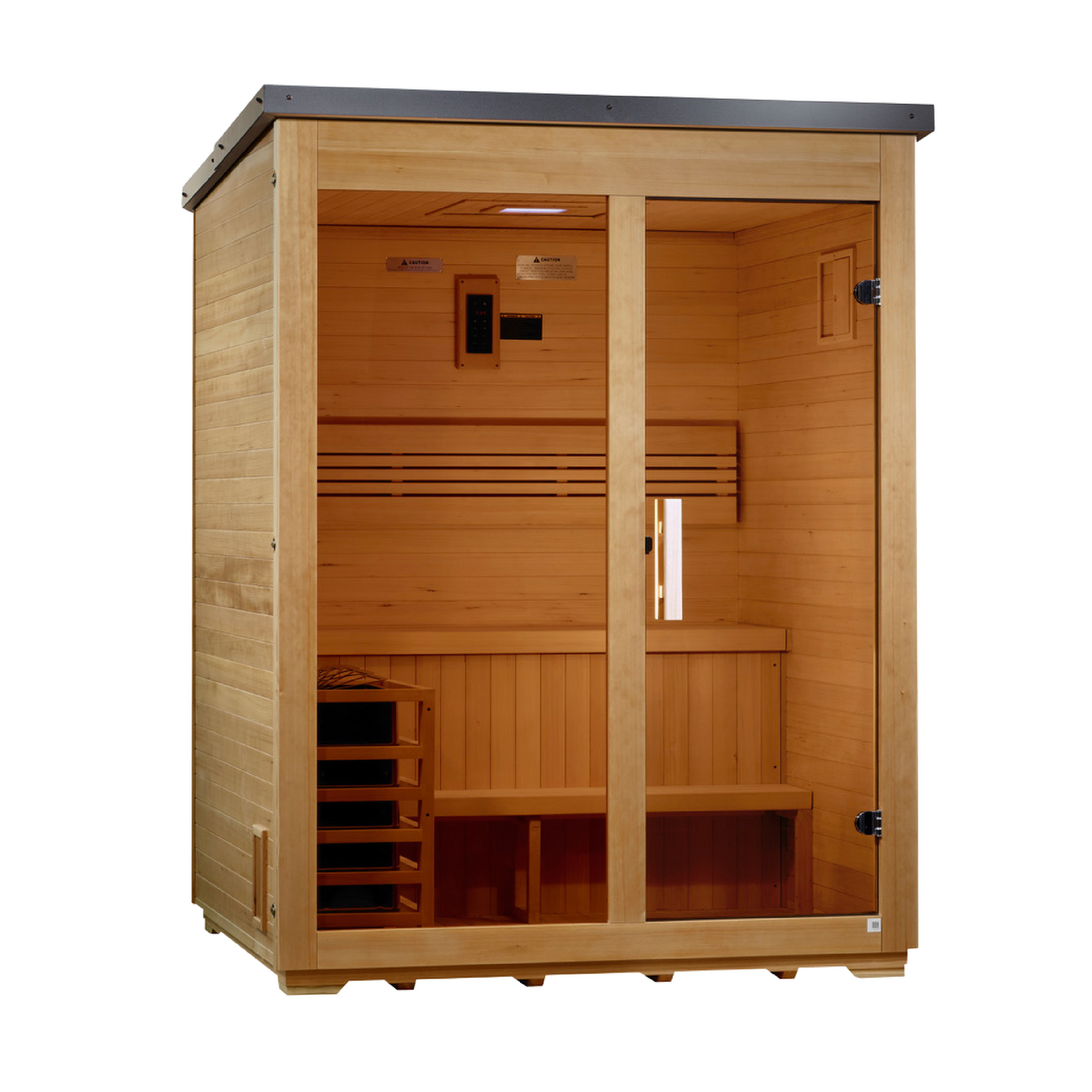 Arlberg Flat Roof Canadian Hemlock Outdoor Sauna (3-Person) with Harvia 8kW Heater