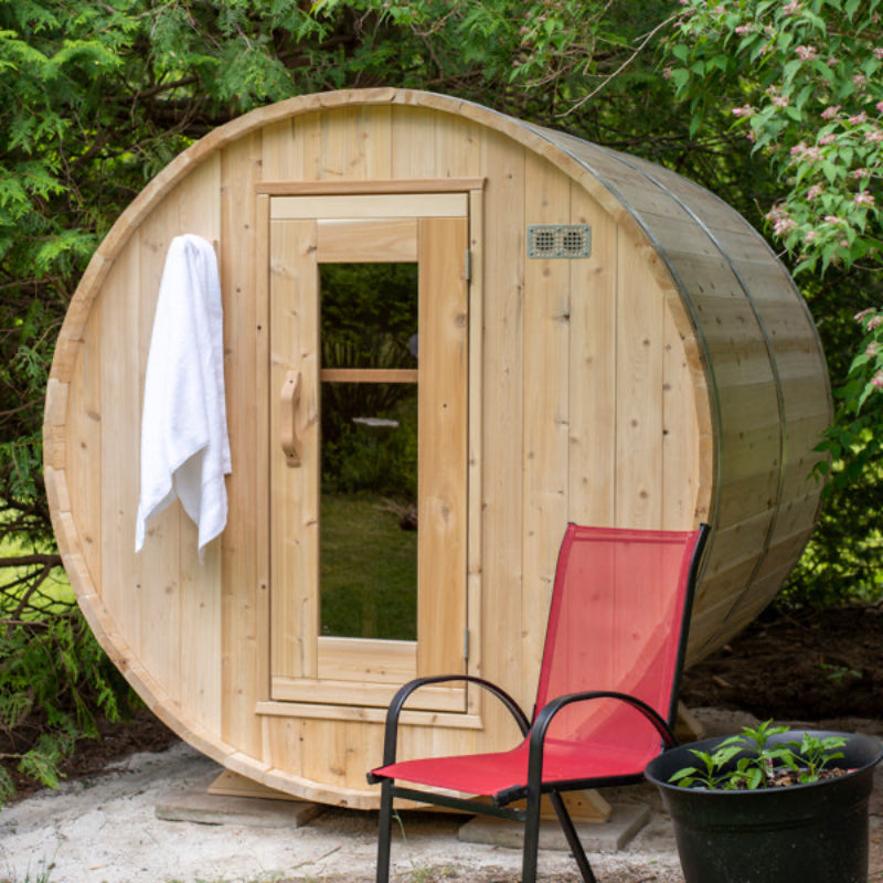 Canadian Timber Harmony Cedar Outdoor Barrel Sauna (3-4 Person) with Harvia 6kW Heater
