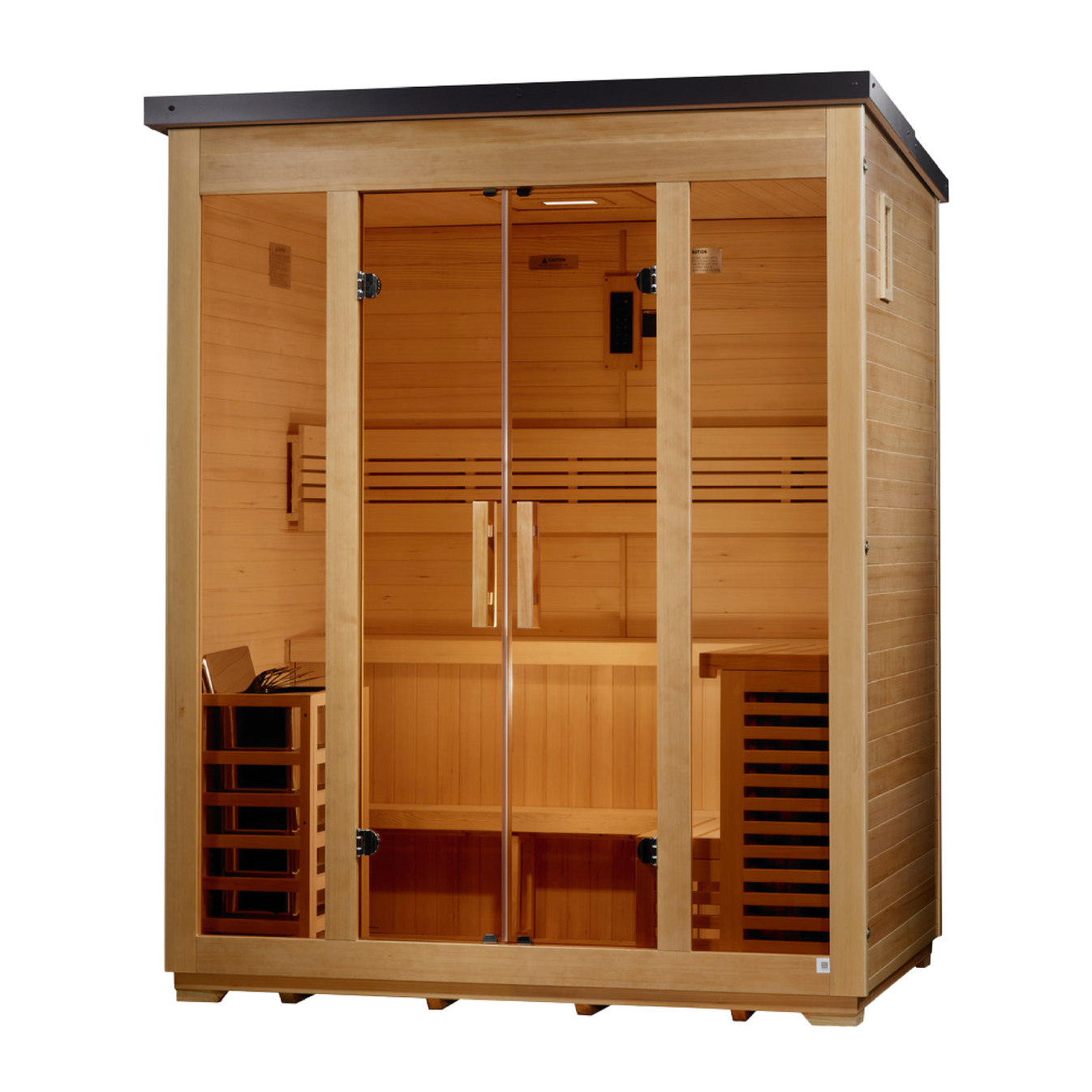 Vorarlberg Flat Roof Canadian Hemlock Outdoor Sauna (5-Person) with Harvia 8kW Heater